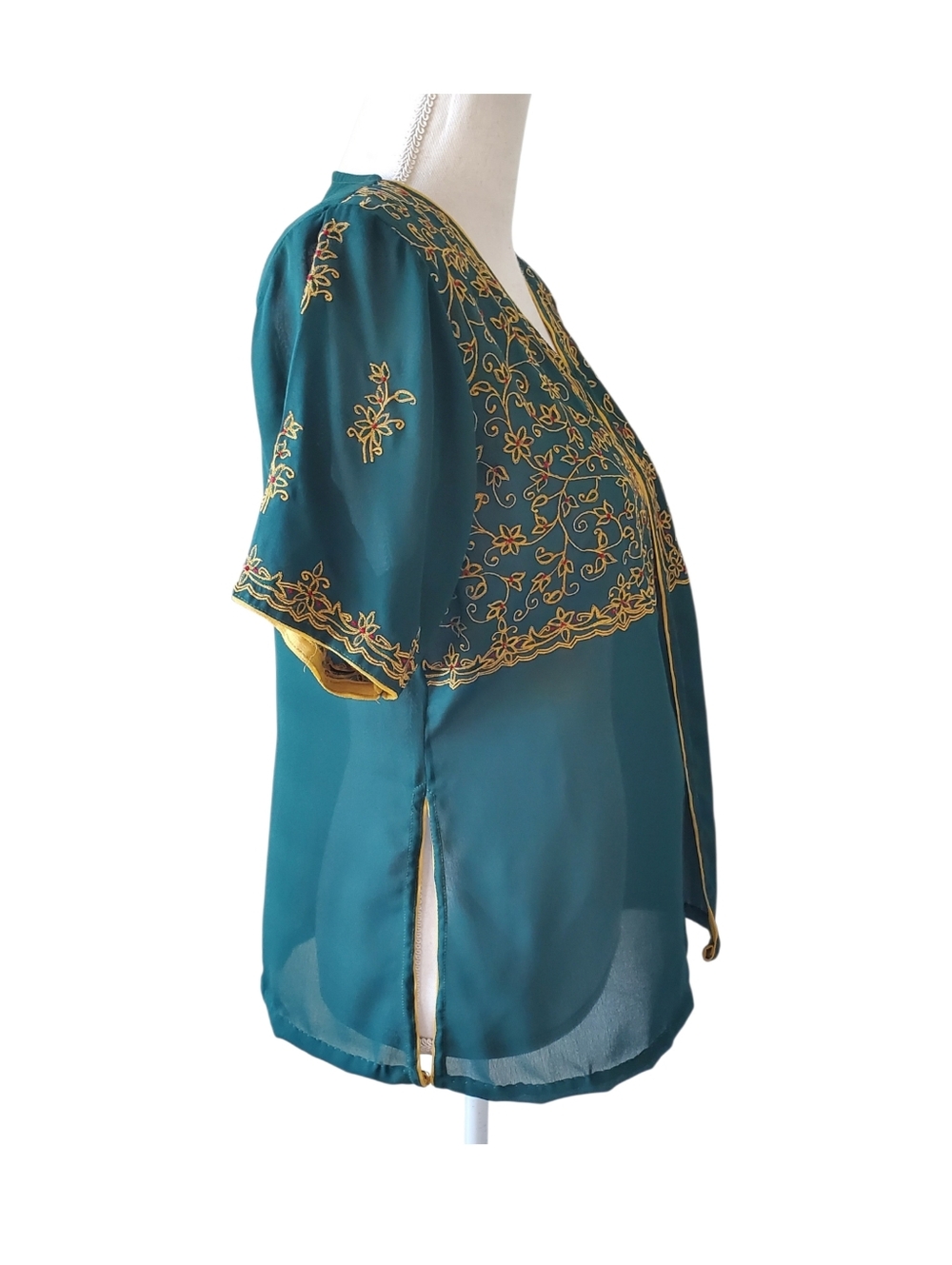 Sheer Emerald Green Floral Embroidered Kimono Top Short Sleeve Open Front Boho - Picture 4 of 6